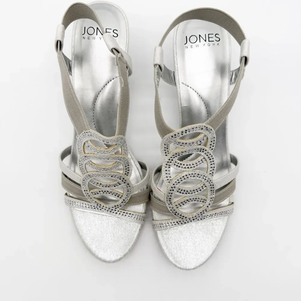 Jones New York Denice Strappy Bling Wedge Sandals Elastic Ankle Silver 7.5 NEW